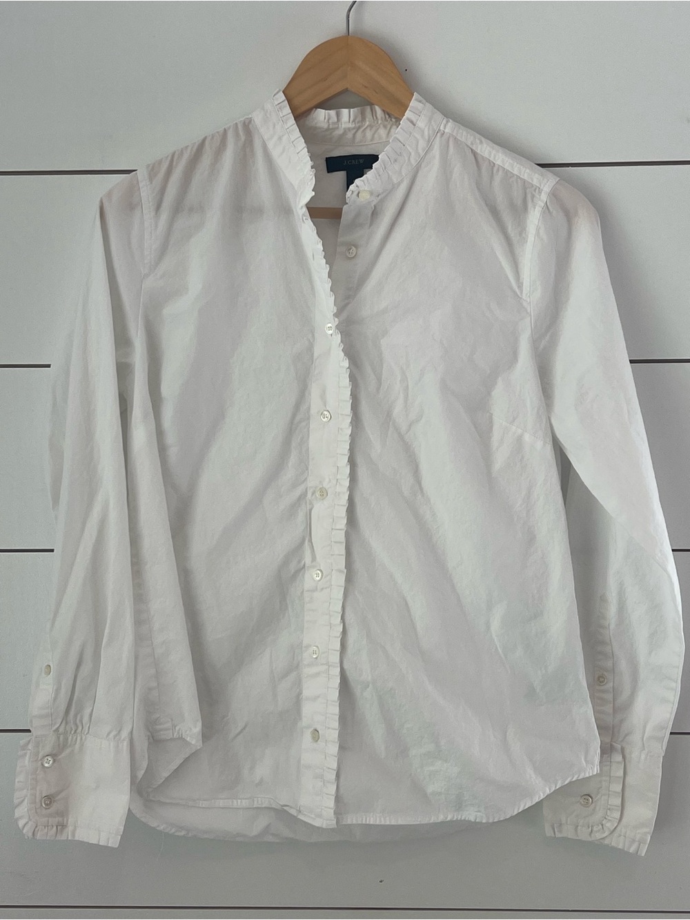 J. Crew White Ruffled Placket Grandad-Collar Shirt